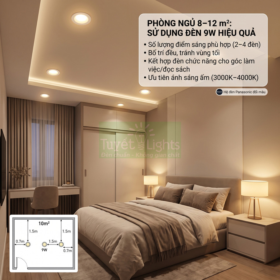 Phòng ngủ ấm cúng 8 12m2 lắp đèn âm trần 9W và đèn bàn ngủ thương hiệu Tuyết Lights